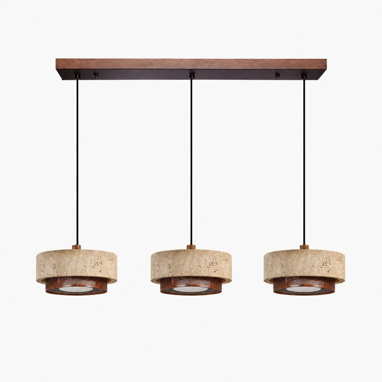 three head natural travertine walnut pendant light