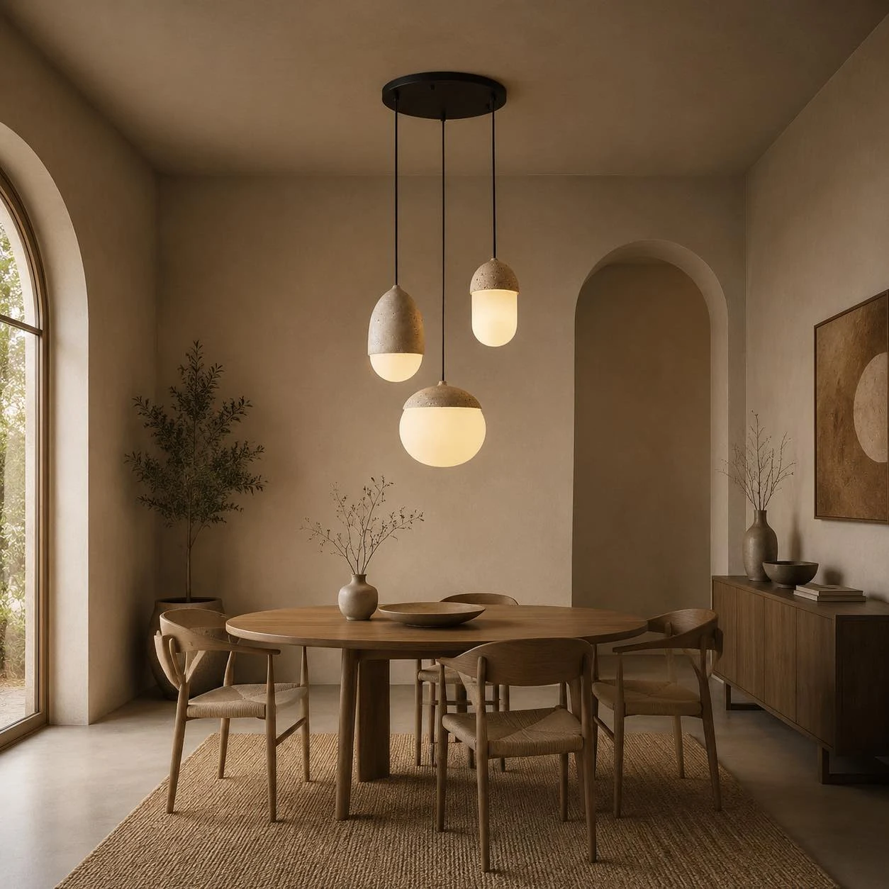 Cream pendant light installed above a dining bar or counter