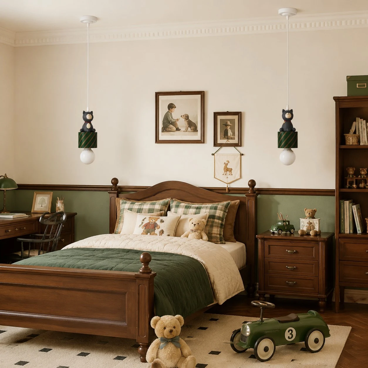 Animal gift box pendant lamps in a cozy bedroom scene