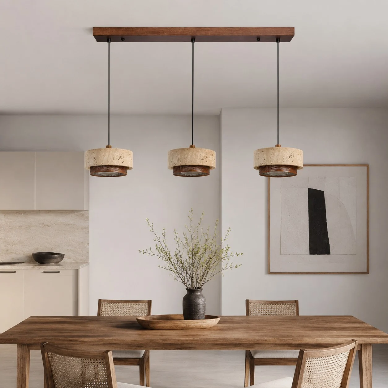 three head travertine pendant light over a dining table