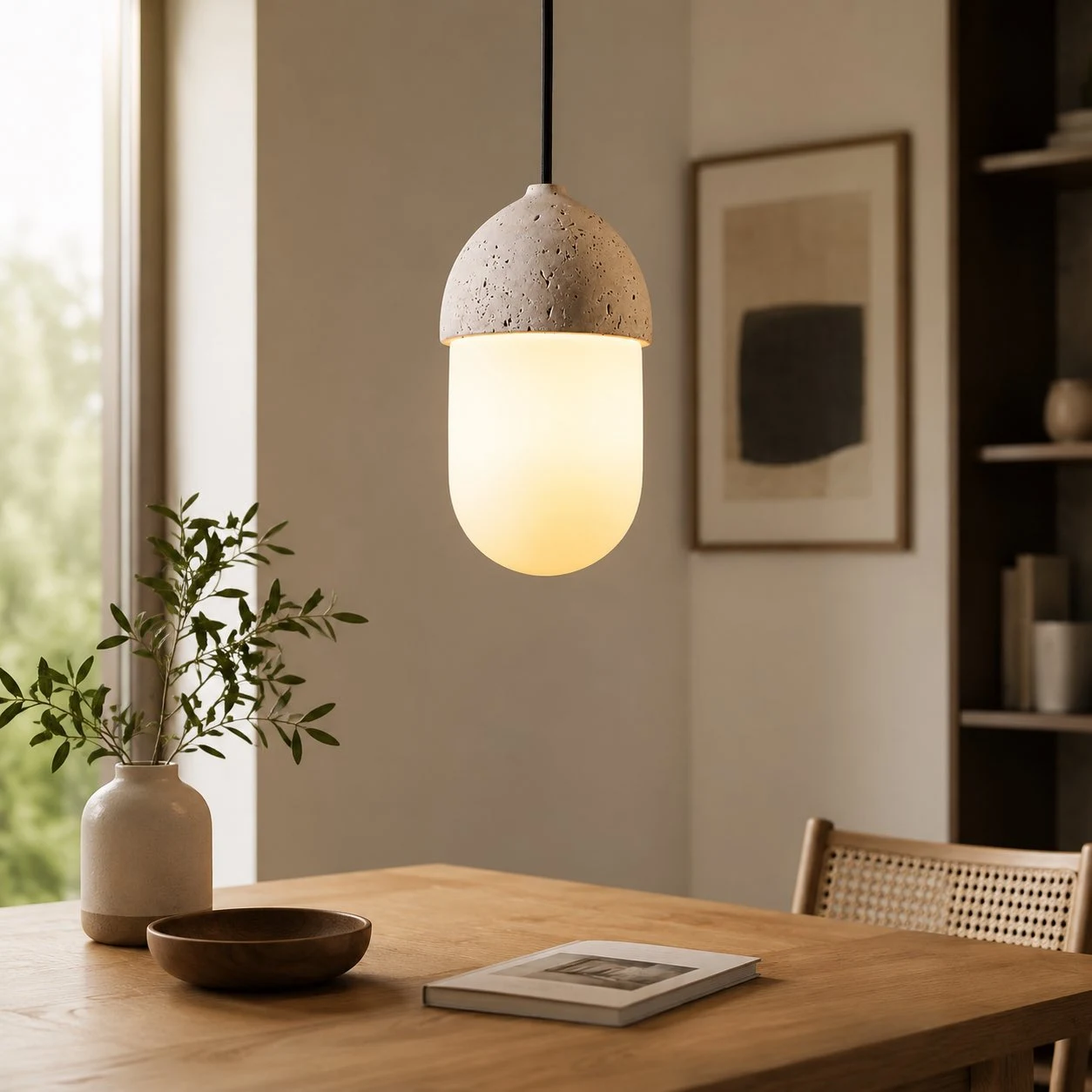Room scale view showing the pendant light in a calm interior