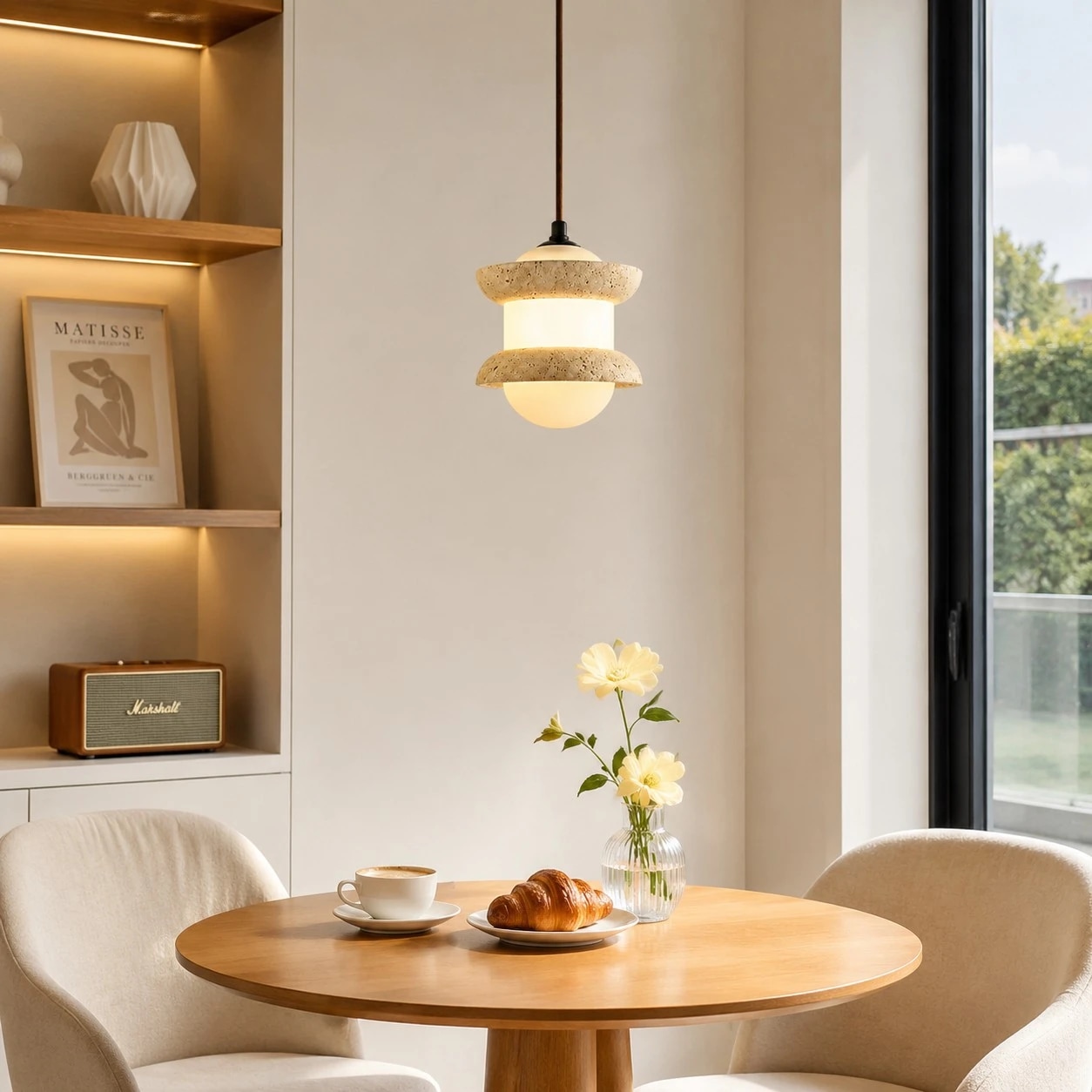 Single travertine stone pendant light above a small round table