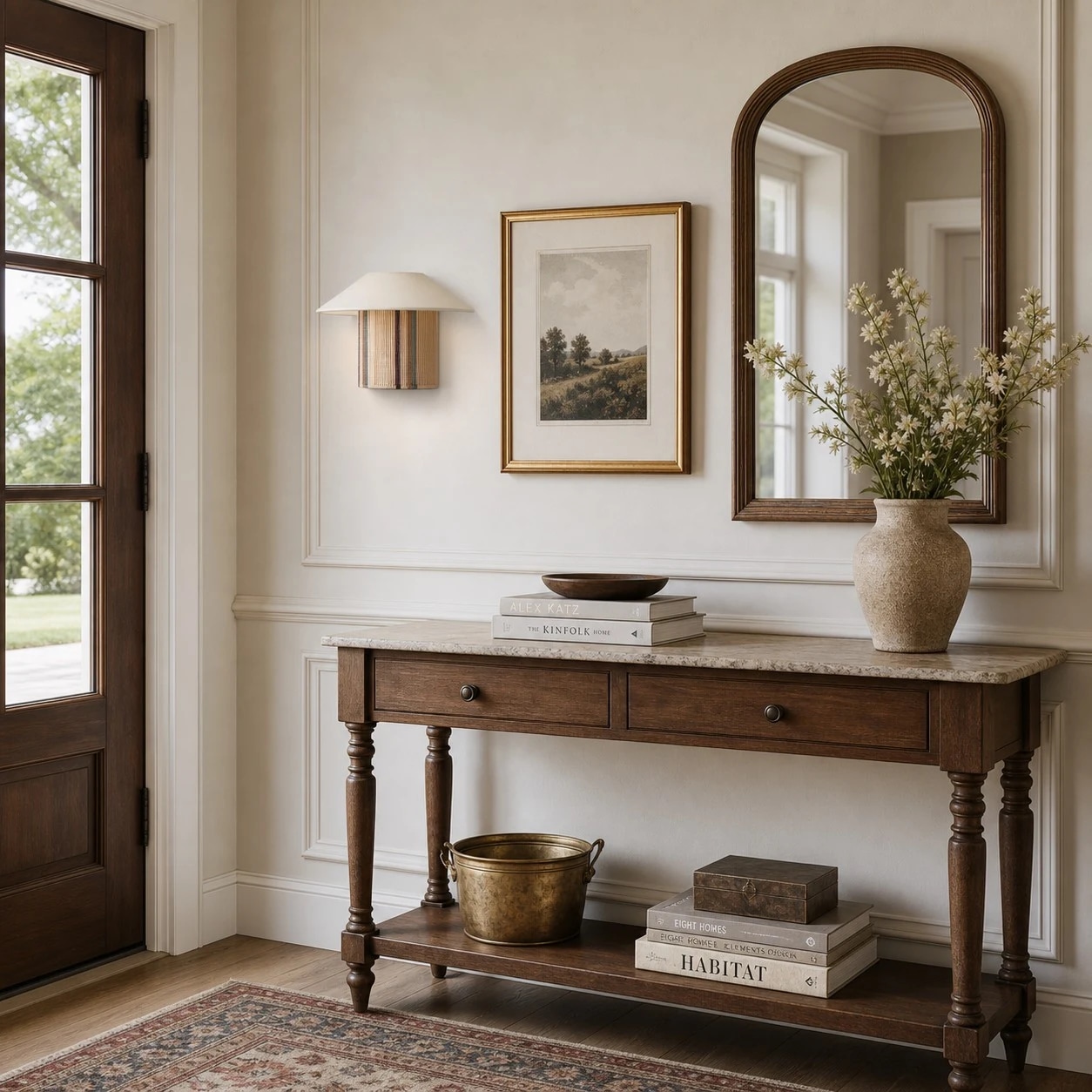 Woven wall sconce entry console scene