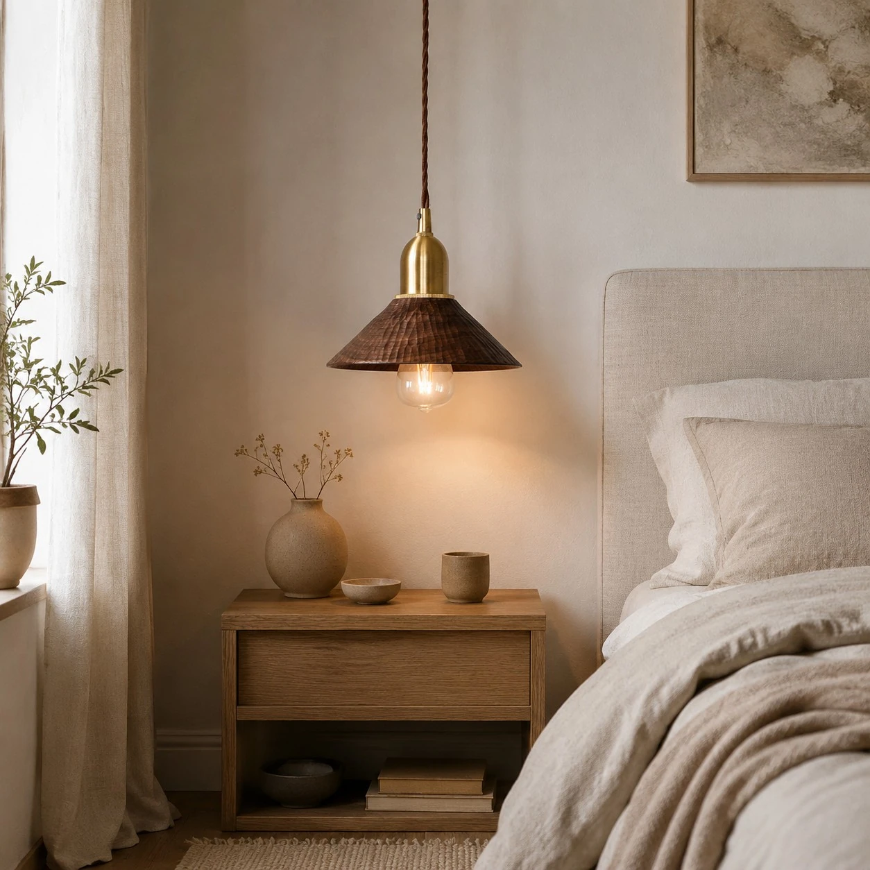 Black walnut pendant light installed beside a softly styled bed