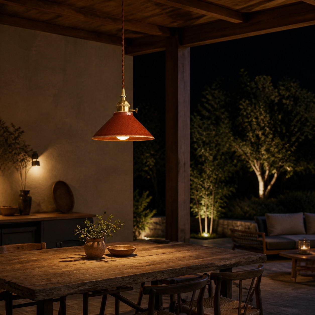 Glazed ceramic pendant installed above an evening dining table